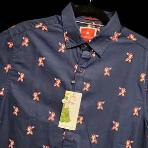 Denim & Flower Shirt Mens Medium Navy Blue Santa Dabbing Christmas Button Up NEW